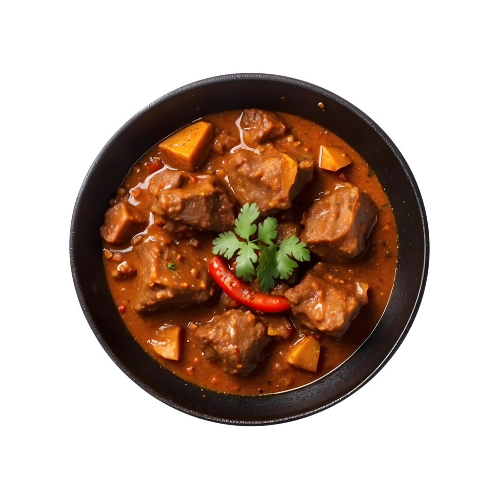Spicy Mutton Curry on an Iron Pan Isolated on a Transparent Background. Mutton Curry Isolated on a Transparent Background png