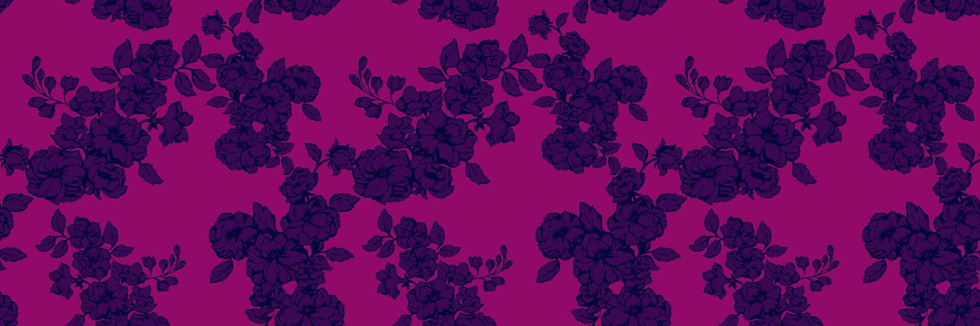 Abstract artistic blooming flowers intertwined in a seamless pattern. Silhouettes florals stems tapestry on a burgundy background. hand drawing illustration. Nature ornament for design fabric vector