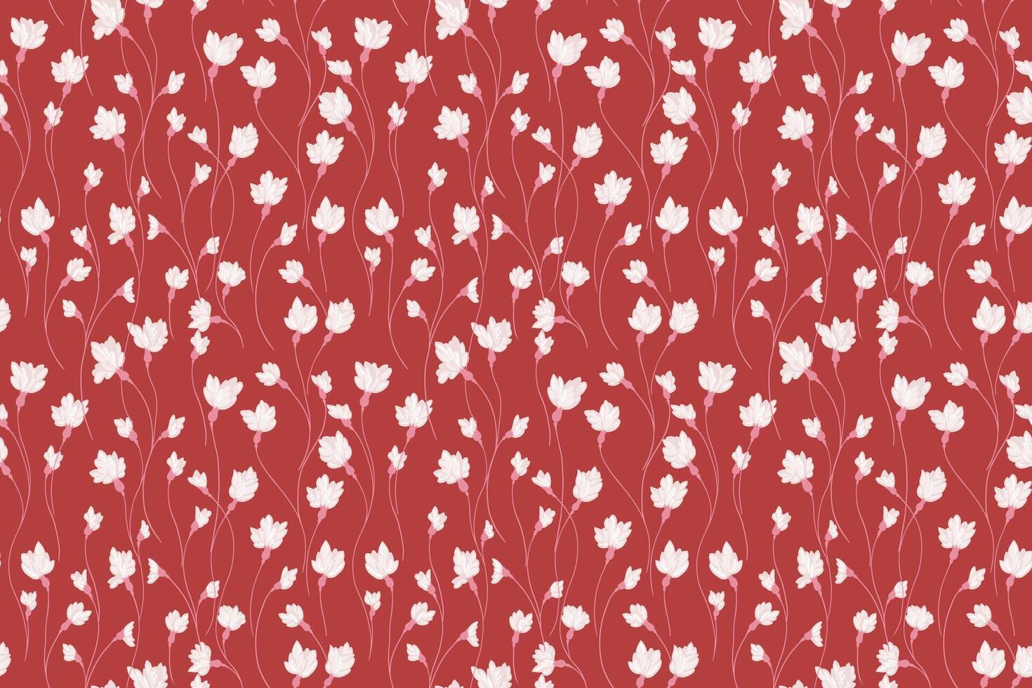 Creative florals stems pattern on a terracotta background. Abstract artistic branches with tiny flowers small buds intertwined in a seamless print. hand drawing. Simple ornament for designs vector