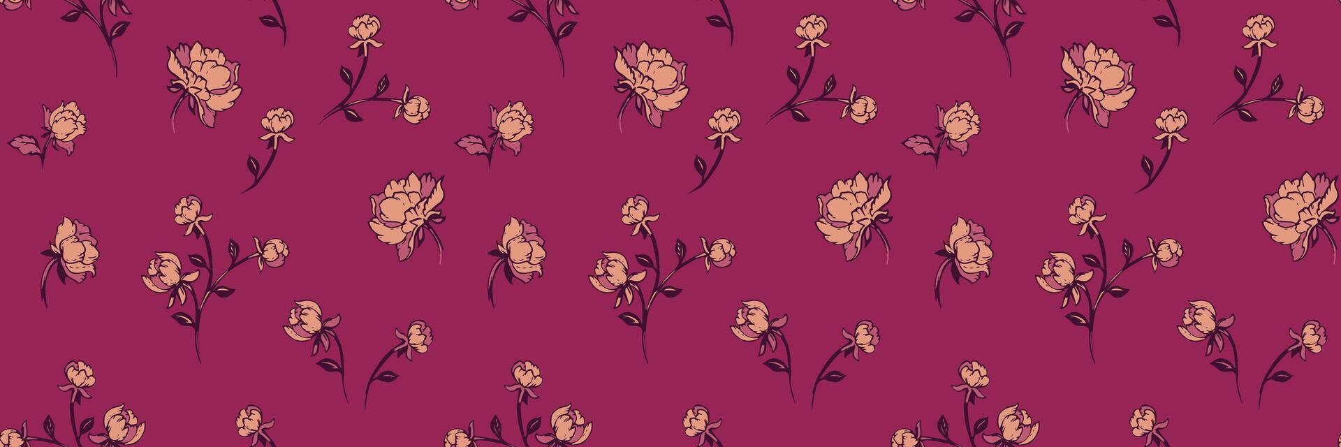Abstract creative rosebuds, roses pattern. hand drawing. Stylized tiny branches flowers seamless print on a burgundy background. Simple ornaments for designs vector