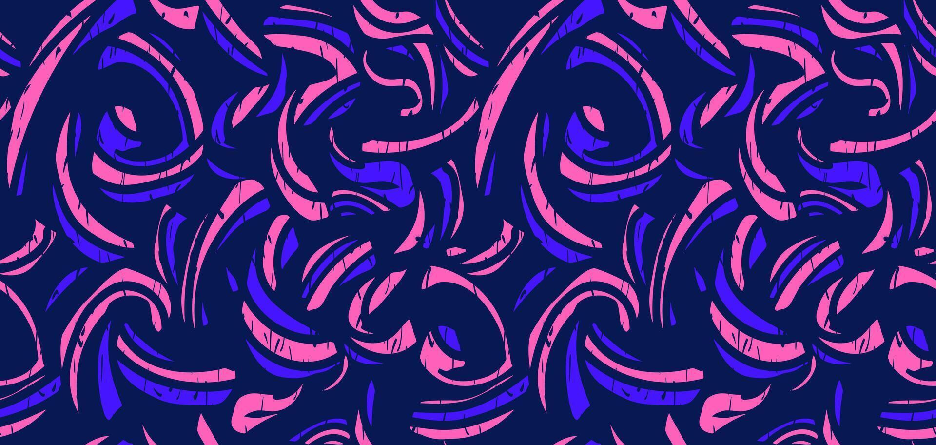 Abstract organic shapes seamless pattern on a black background. hand drawing blue and pink curved shape and bold wavy lines. Colorful contemporary minimalist print. Plain dynamic ornament vector