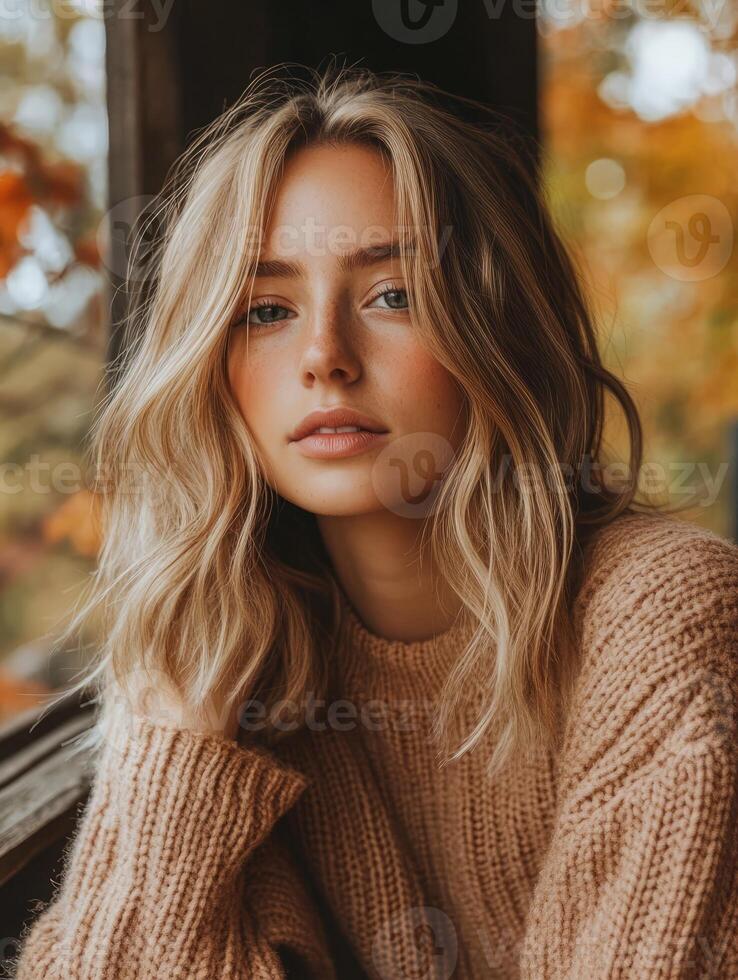 Autumn portrait of a young woman with long wavy hair sitting by a window surrounded by fall foliage and warm light in a cozy setting photo