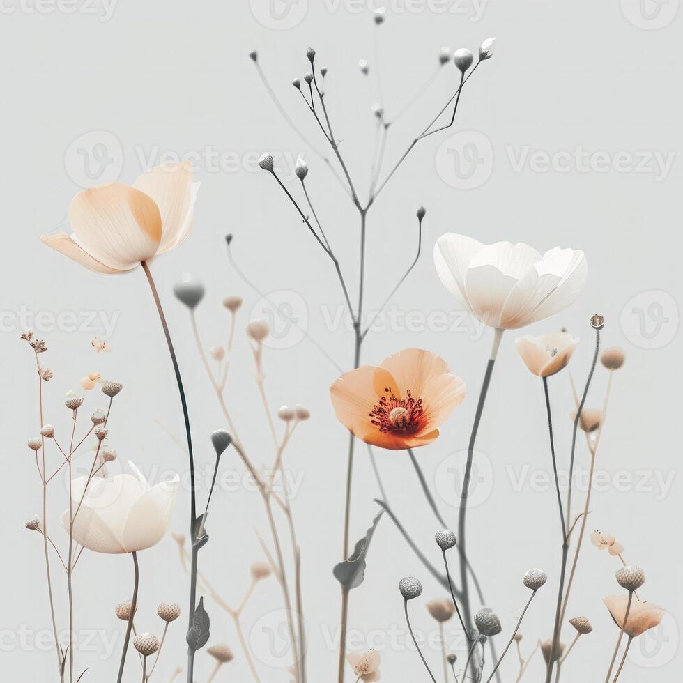 Delicate flowers in soft pastel tones displayed elegantly against a light background photo