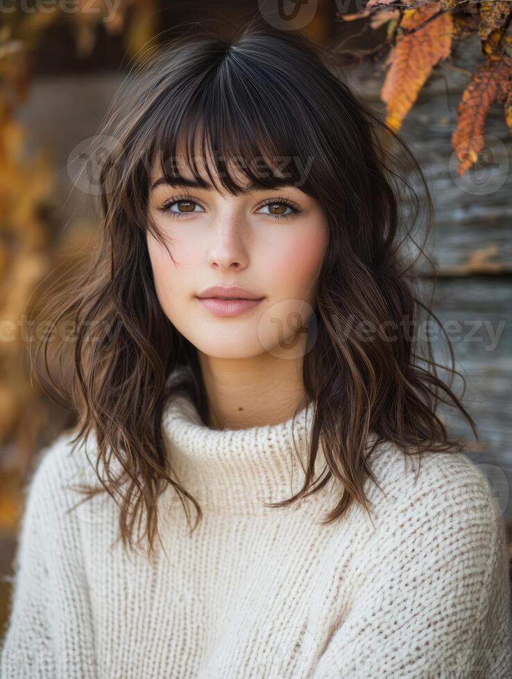 Young woman with wavy hair and bangs in cozy sweater during autumn by rustic wooden backdrop photo