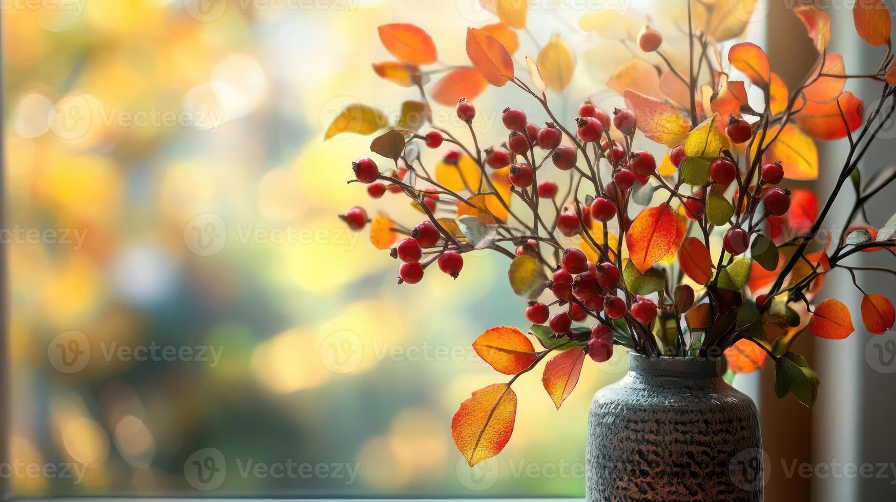 Autumn leaves and red berries in a vase near a window during golden hour photo
