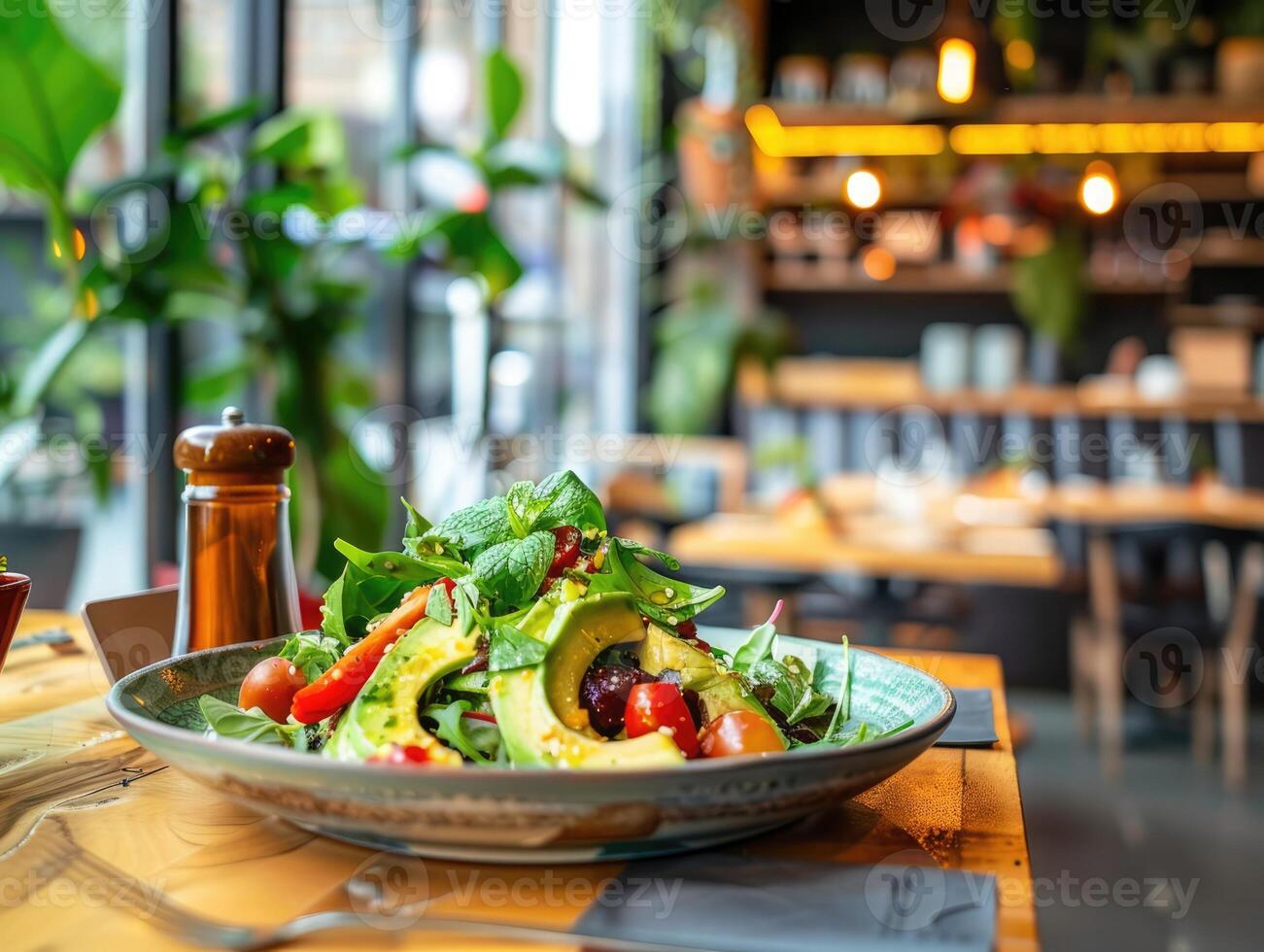 Fresh and vibrant craft green salad served in a cozy dining setting during daylight photo