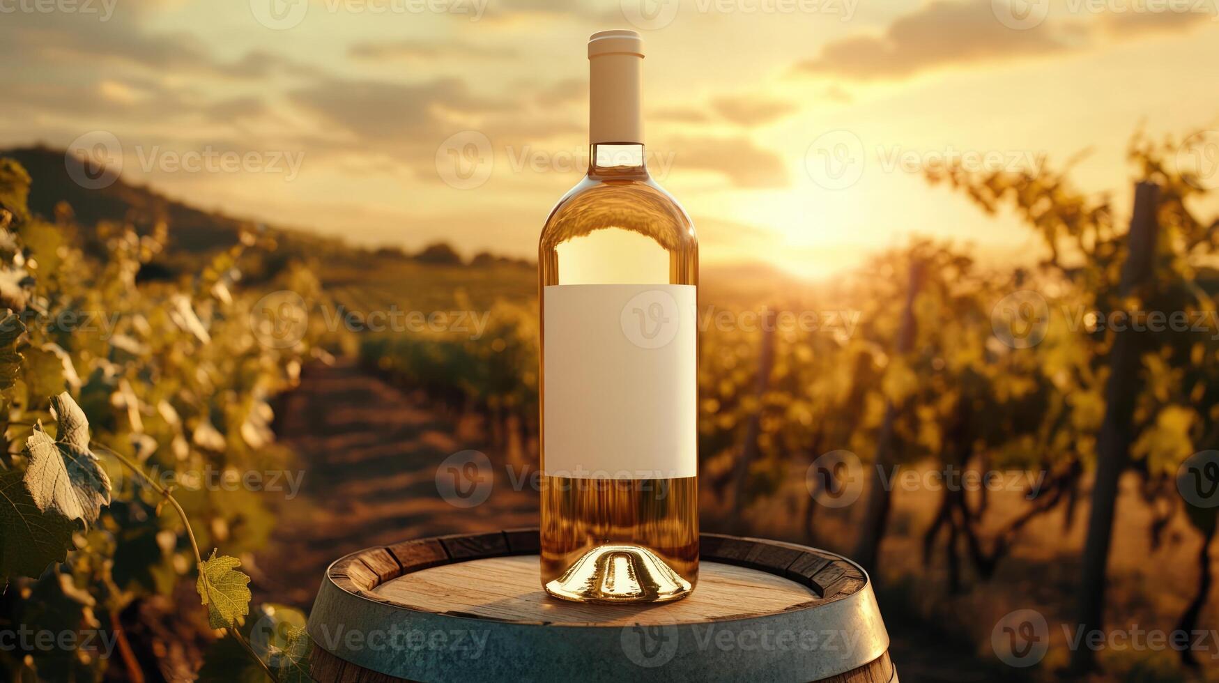 Sunset over vineyard with a bottle of white wine resting atop a barrel near grapevines in a scenic landscape photo