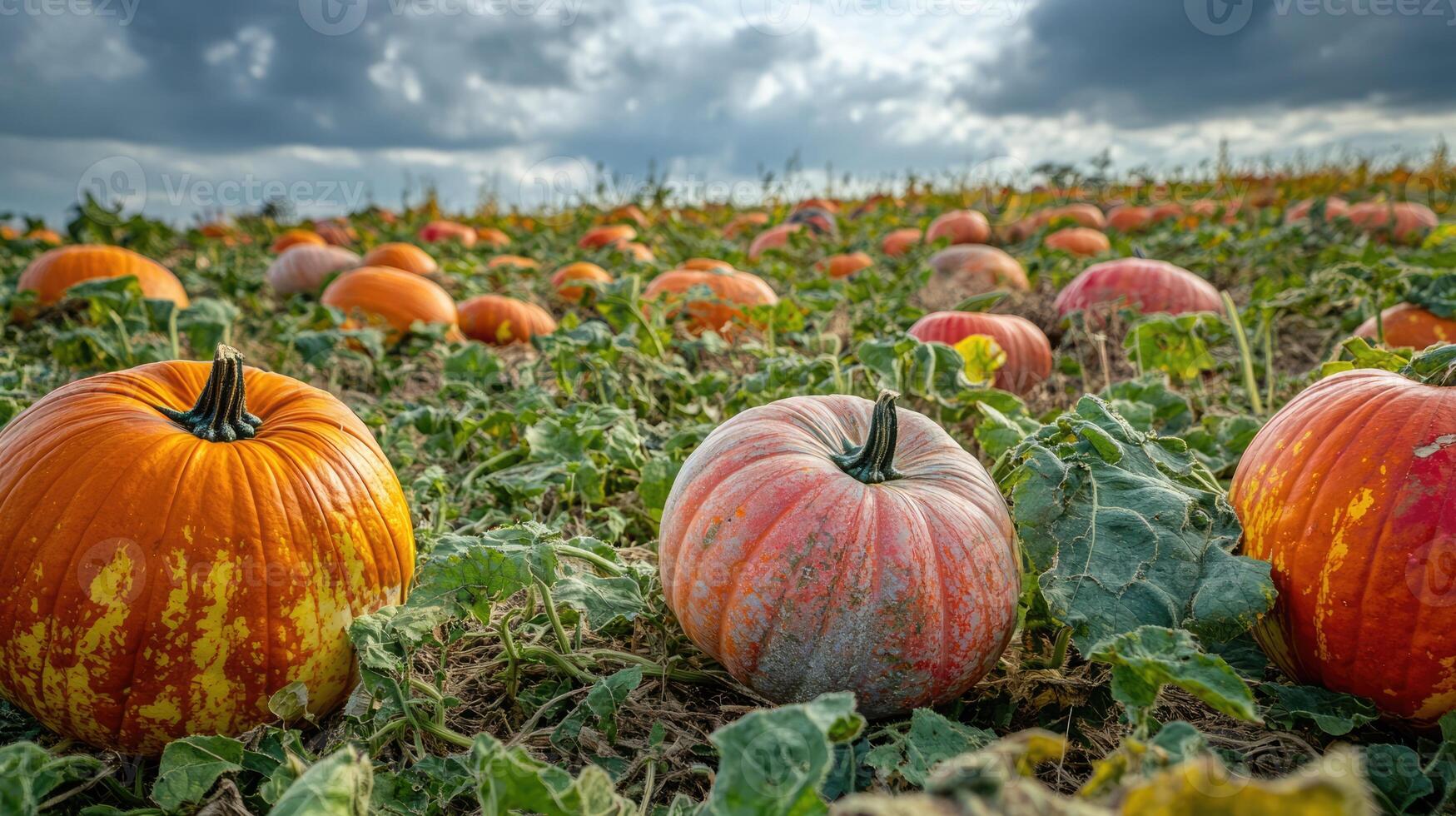 Colorful pumpkins of various shapes and sizes scattered in a vibrant field during autumn harvest season photo
