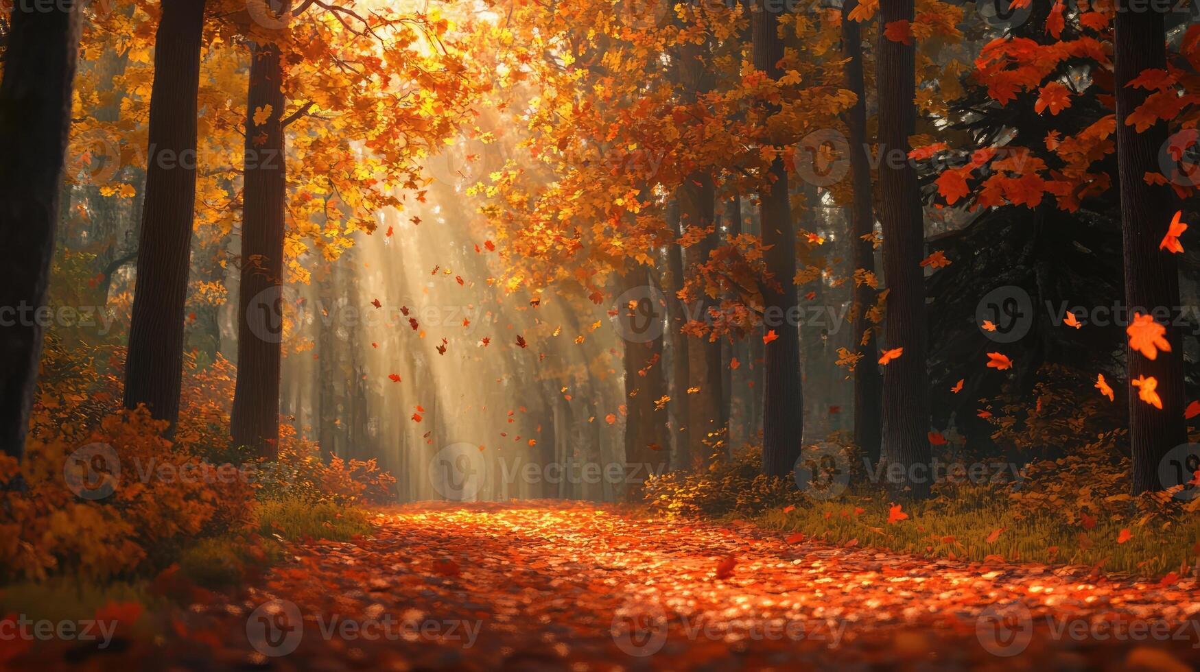 Golden autumn sunlight filters through a forest as leaves flutter down a serene pathway in mid-fall photo