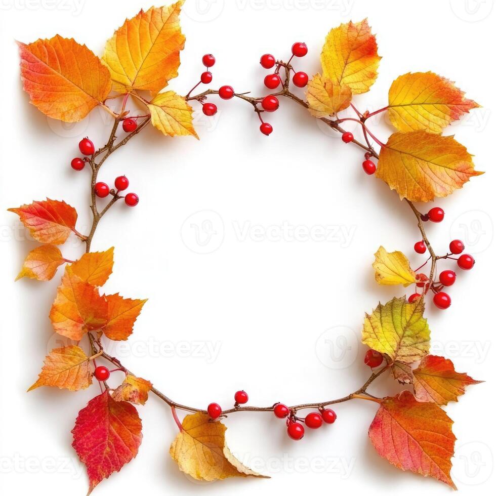 A vibrant autumn wreath made from colorful leaves and red berries arranged on a white background to celebrate the fall season photo