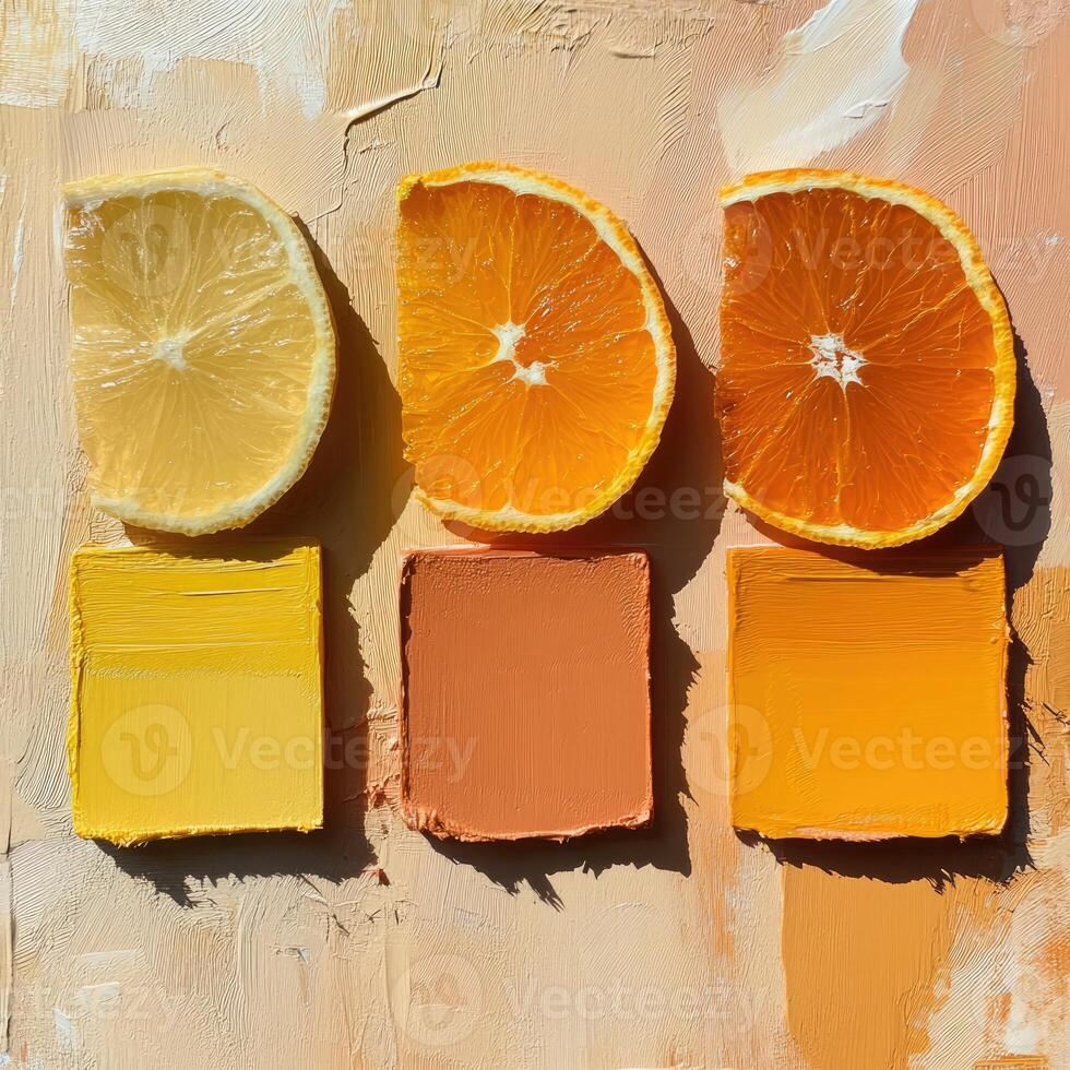 Colorful citrus fruits and vibrant paint swatches arranged artistically on a textured surface in bright natural light photo