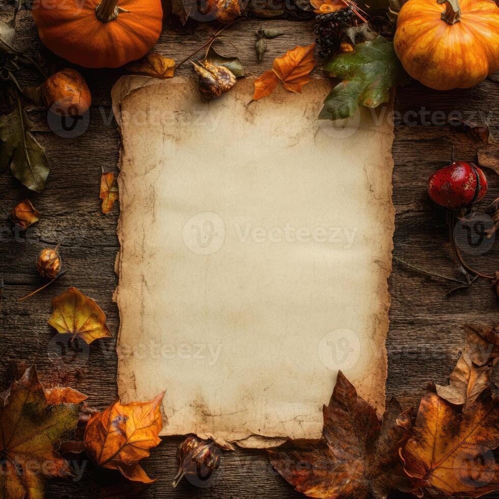 Autumn-themed rustic blank parchment surrounded by colorful leaves and pumpkins on a wooden background photo