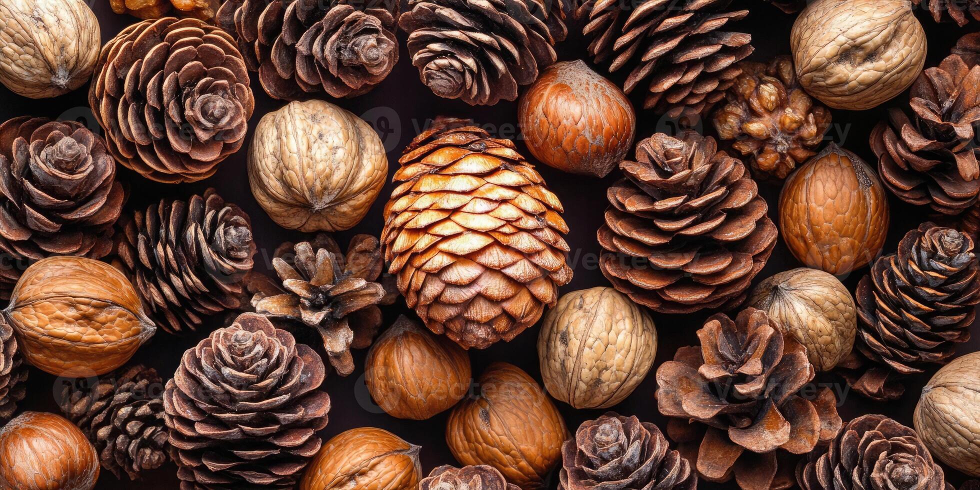 An assortment of pine cones and walnuts arranged on a textured background, showcasing nature's autumn bounty with earthy tones and rich textures photo