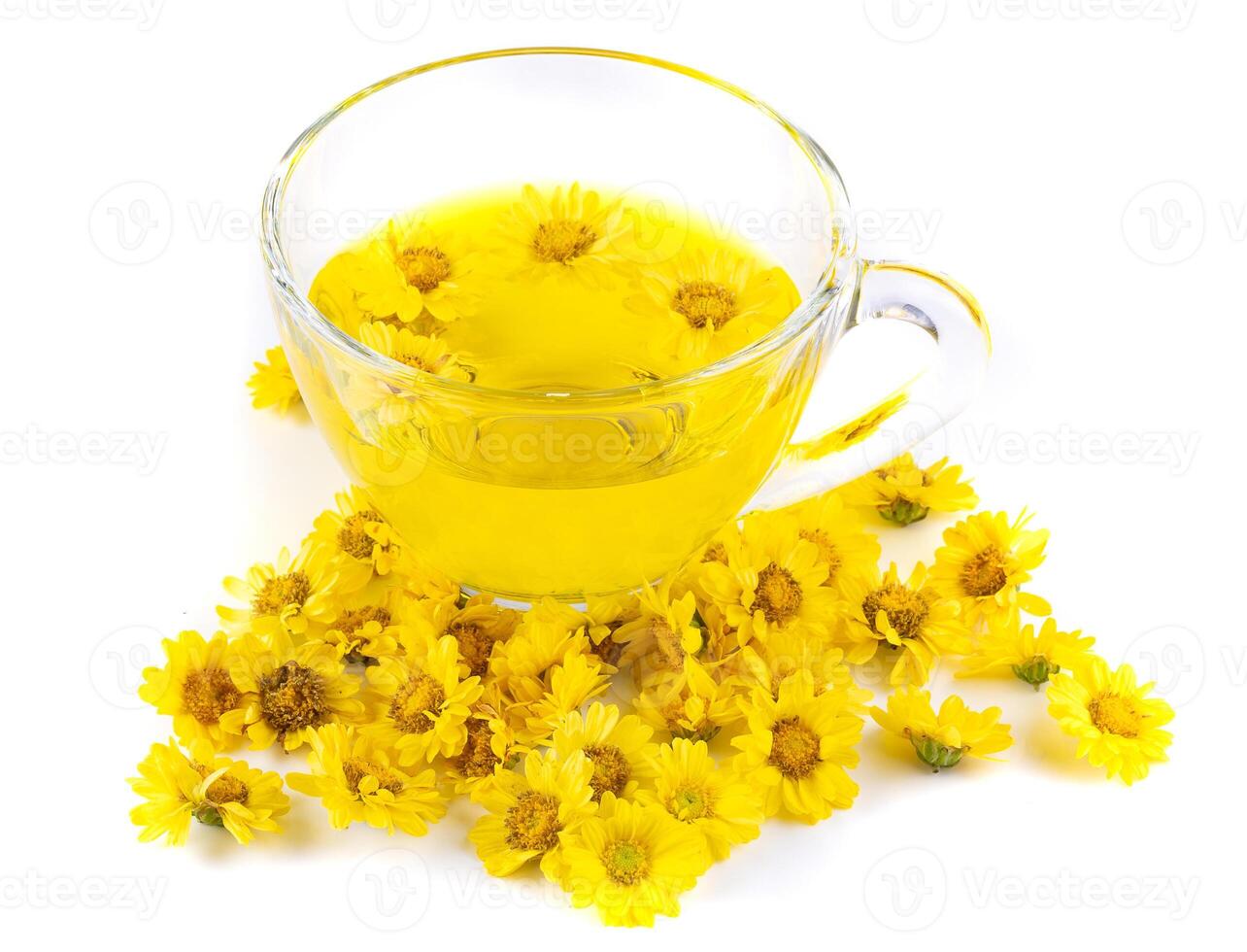 Yellow Chrysanthemum flowers health herbal tea isolated on white background photo