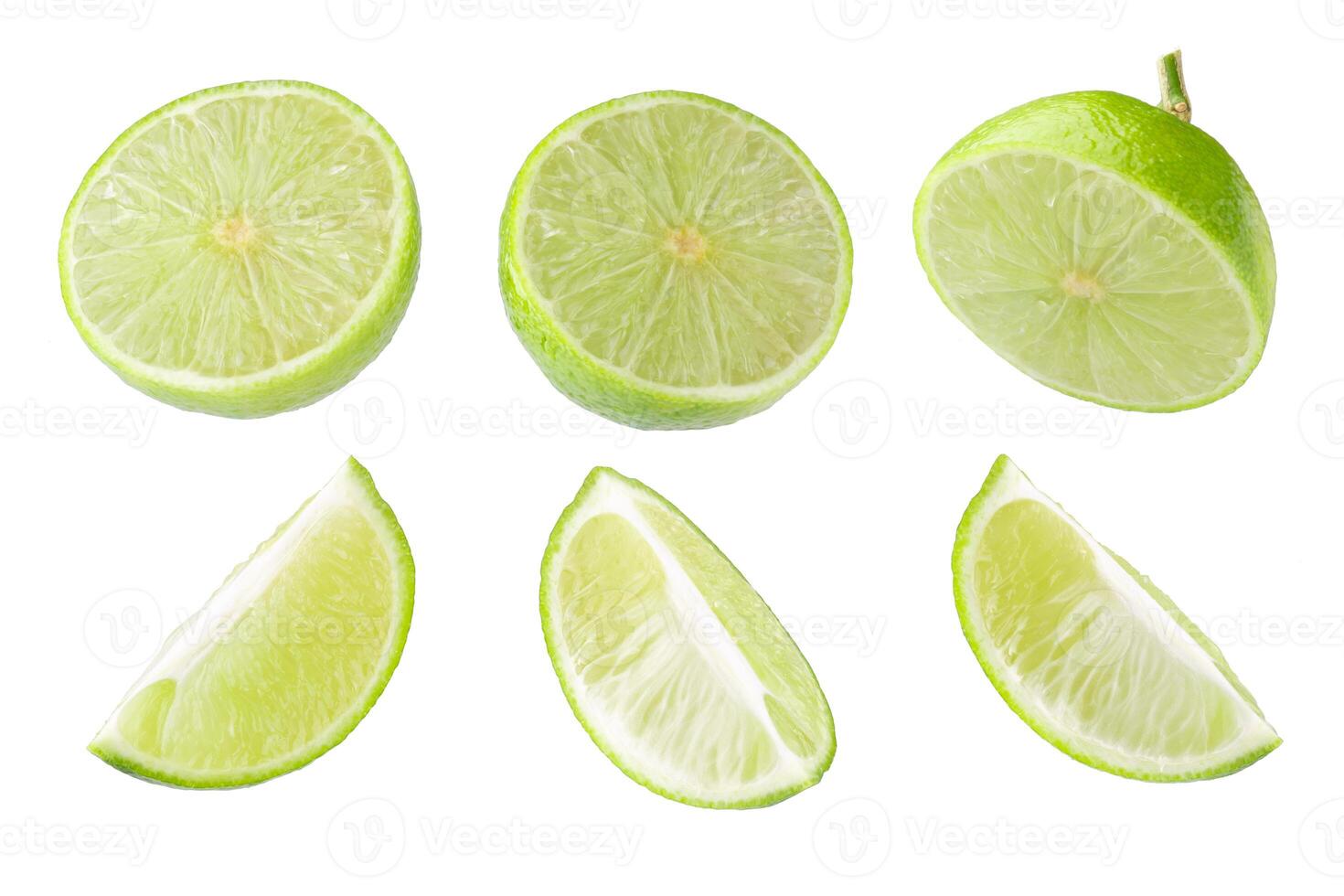 Whole and sliced limes, Sour green fruit isolated on alpha background. photo