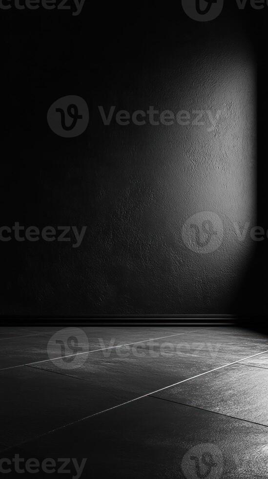 Dark Room with Tiled Floor and Textured Wall photo