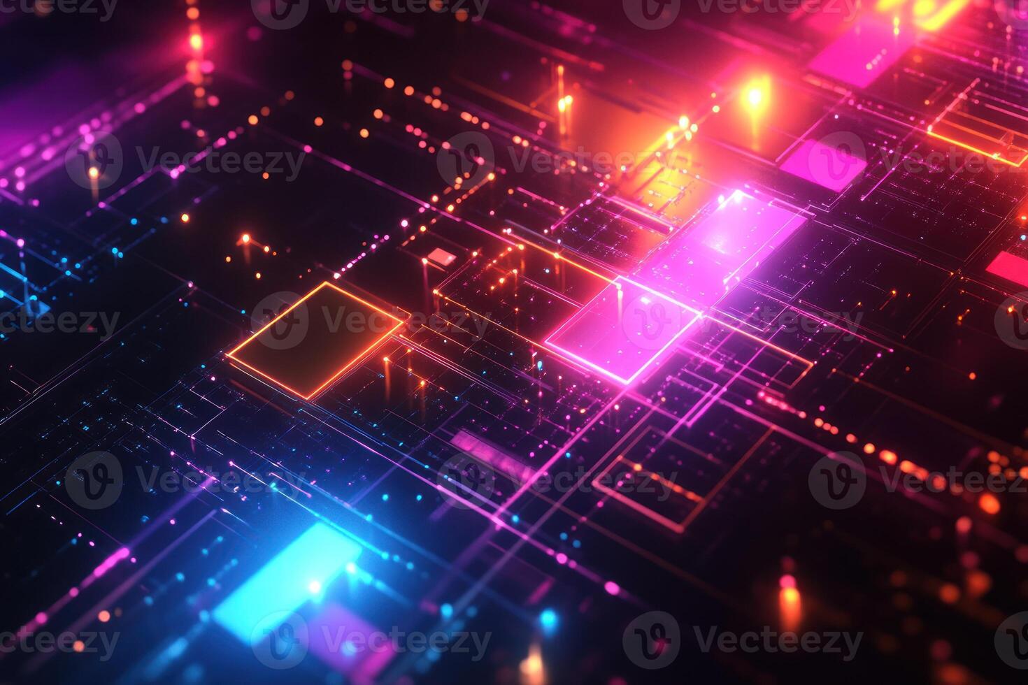 Abstract Neon Grid with Glowing Lines and Squares photo