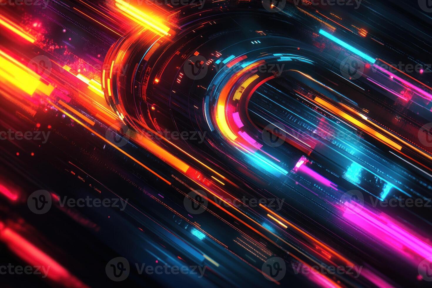 Abstract futuristic cyberpunk background with neon glowing lines and shapes photo