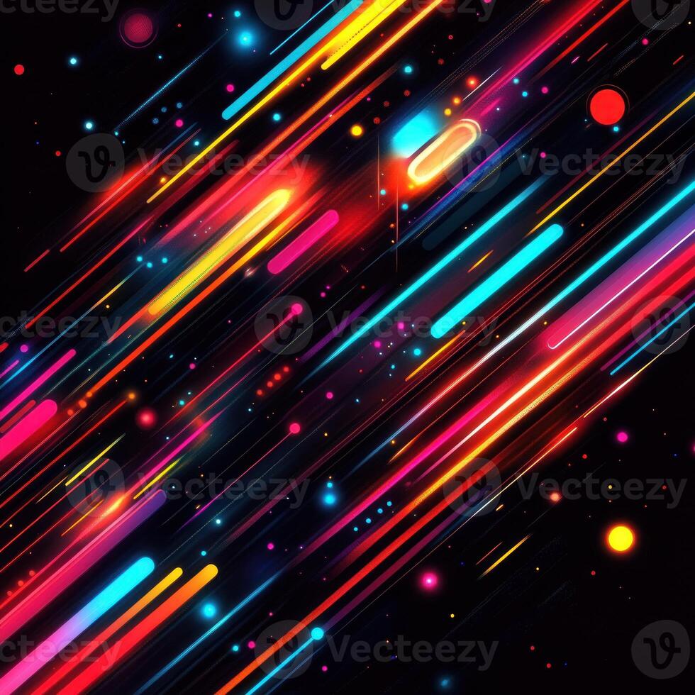 Abstract Diagonal Neon Lines and Glowing Dots on Black Background photo