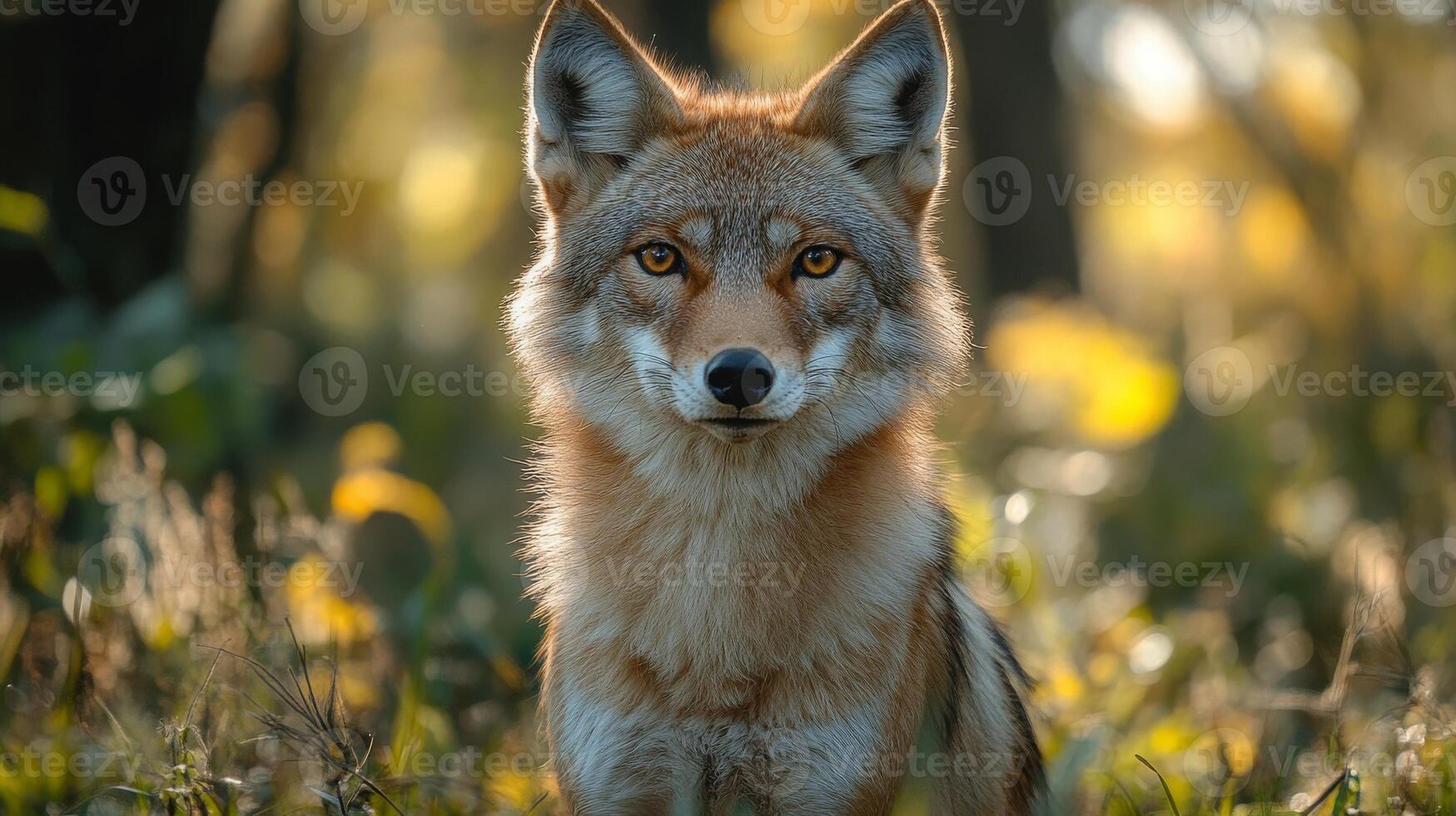 A coyote gazes intently in a vibrant forest setting during golden hour, highlighting the beauty of rewilding efforts. photo