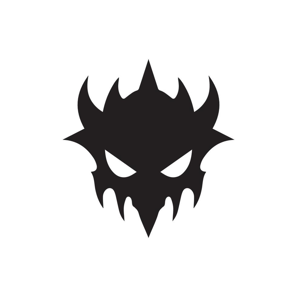 Simple, symmetrical black of a menacing monster face with sharp features and angry eyes, perfect for logos or Halloween designs. vector