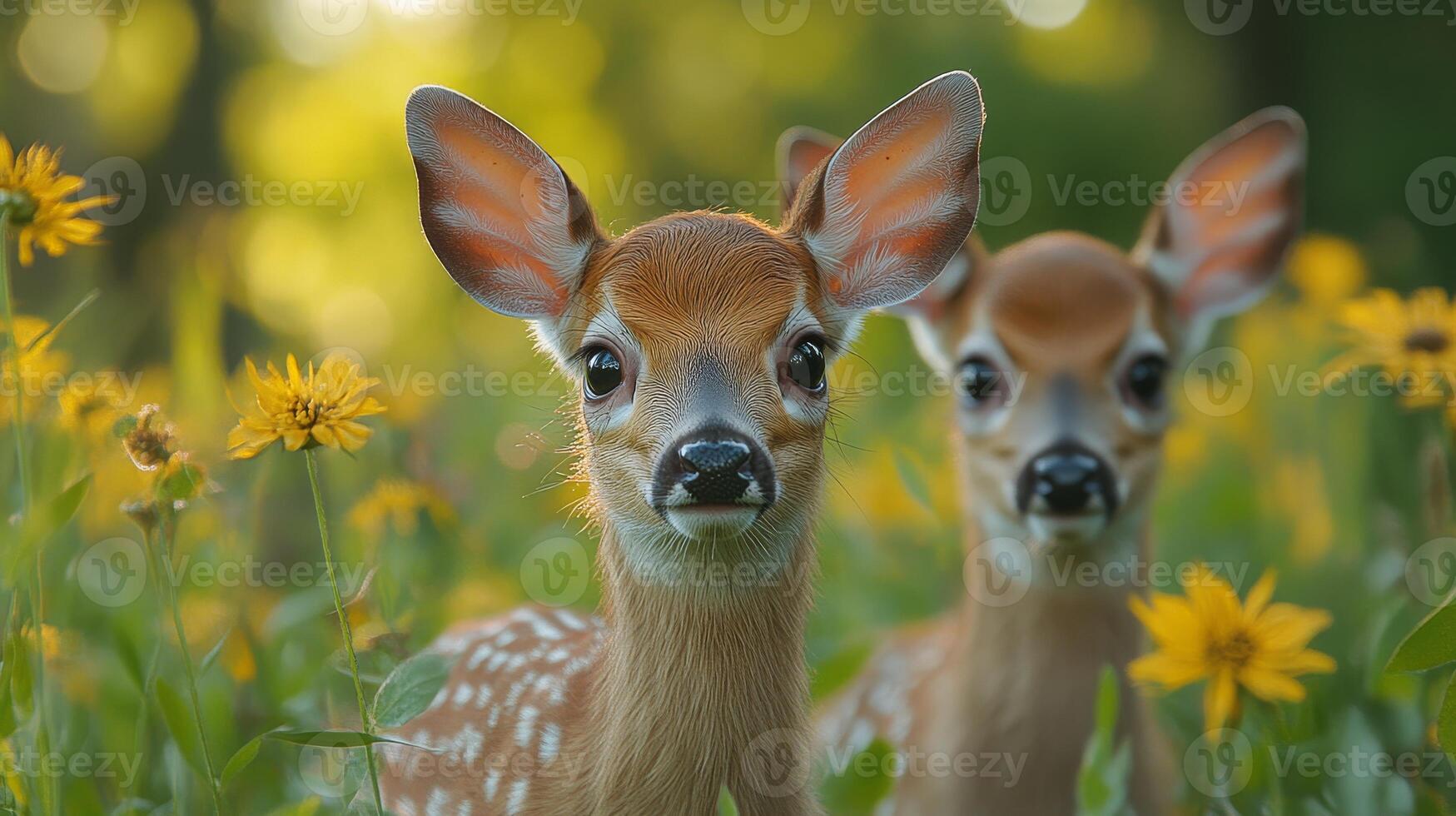 Two young fawns stand among vibrant wildflowers, showcasing the beauty of nature during a rewilding initiative. photo