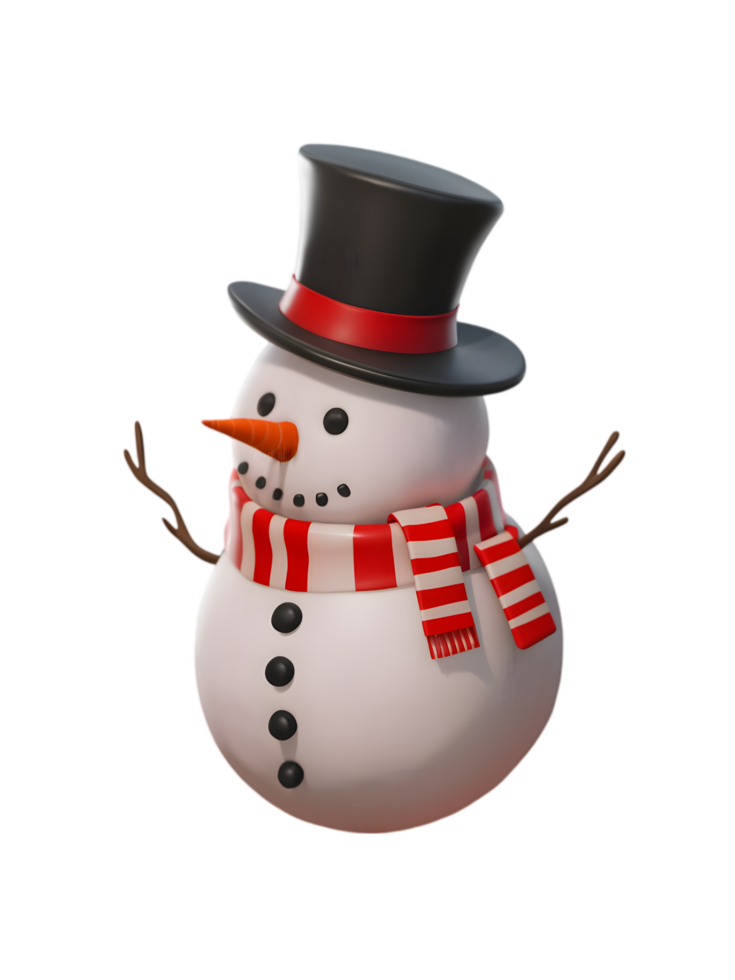 3D rendered snowman with a round white body on transparent background png