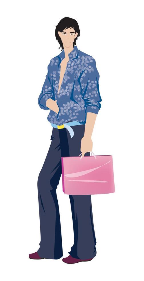 Fashion figure illustration, A smart young men is standing with a different poses and he has wearer a beautiful outfit, there is a shopping bag on his hand. vector
