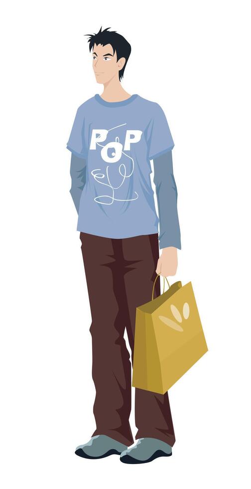 Fashion figure illustration, A smart guy is standing with a shopping bag, He has wearer a Full sleeve T-shirt, pant and shows. vector