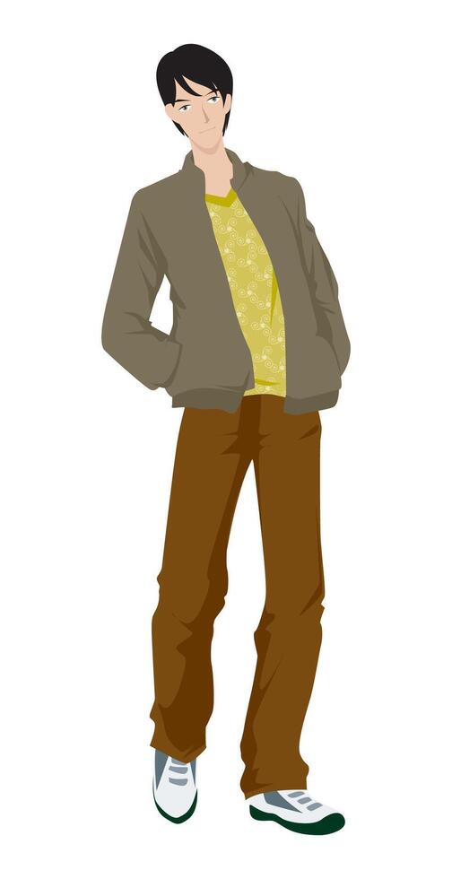 Fashion figure illustration, A young guy is standing with a different poses and he has wearer a sweet shirt, pant and sneakers.. vector