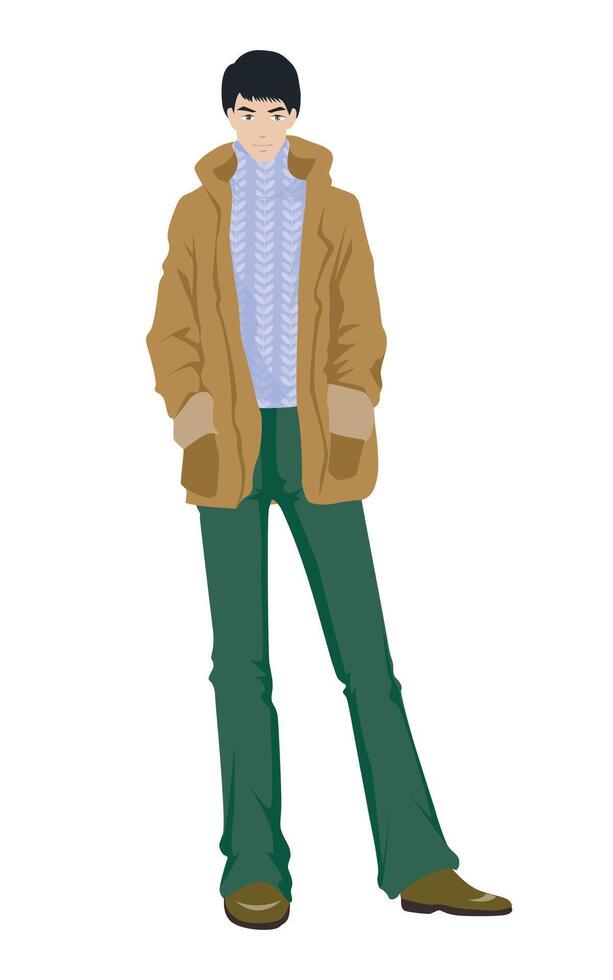 Fashion figure illustration, A beautiful young guy is standing and he has wearer a winter outfit. vector