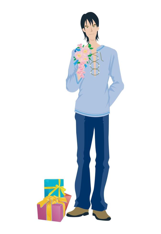 Fashion figure illustration, He has wearer a designers t-shirt, denim pant and fashionable shows. there are two gift box on his front. vector