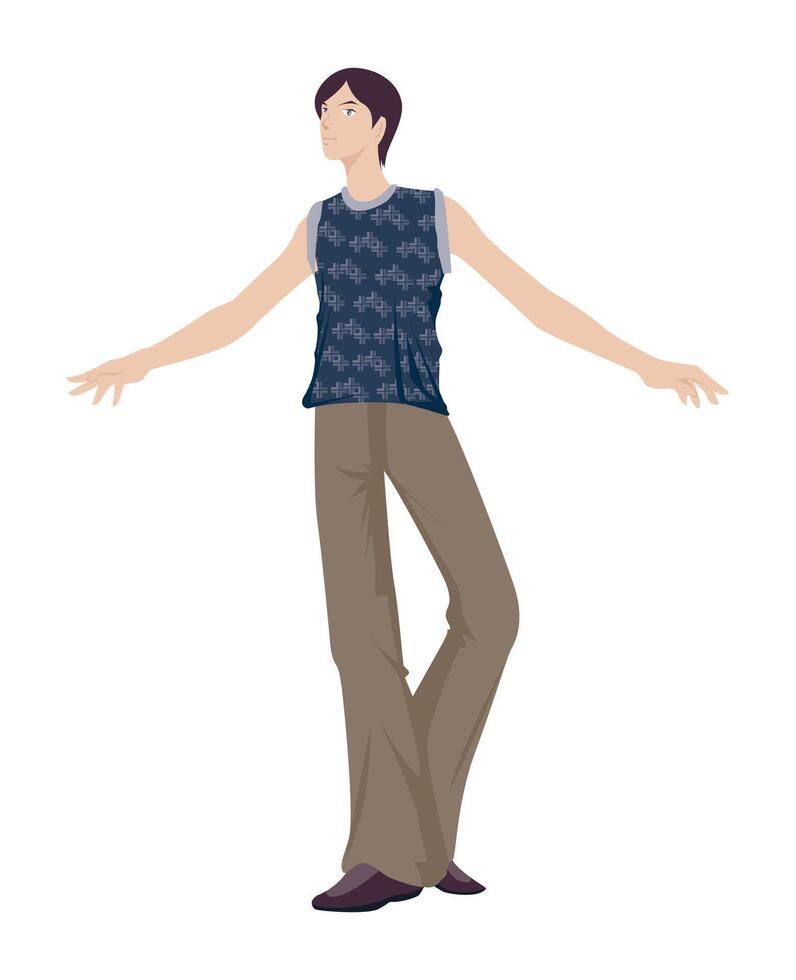 Fashion figure illustration, A boy is standing with a different poses and he has wearer a sleeveless T-shirt and pant.. vector