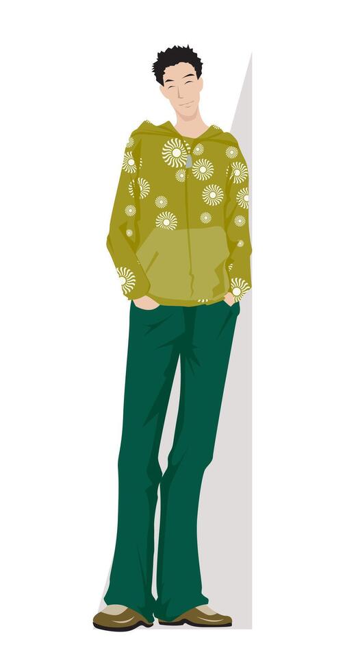 Fashion figure illustration, A beautiful young guy is standing and he has wearer a winter outfit like hoody and trousers.. vector
