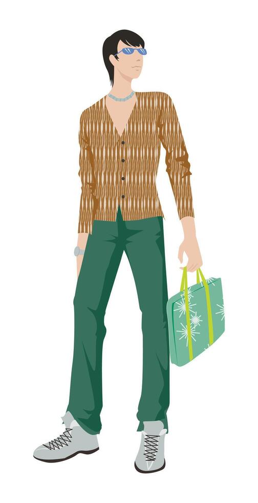Fashion figure illustration, A young guy is standing with a different poses with a shopping bag, and he has wearer a shirt, pant and sneakers. vector