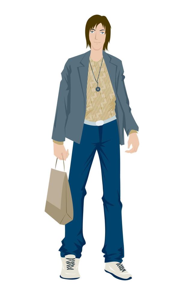 Fashion figure illustration, A young guy is standing with a different poses with a shopping bag, and he has wearer a T-shirt, Jacket, trousers and sneakers. vector