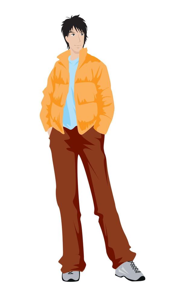 Fashion figure illustration, A smart young men is standing with a different poses and he has wearer a T-shirt, bomber jacket and trousers. vector