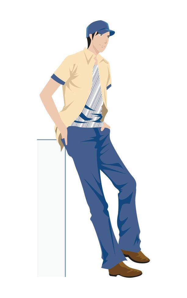Moda figura ilustración con un hombres sentar en pared. vector