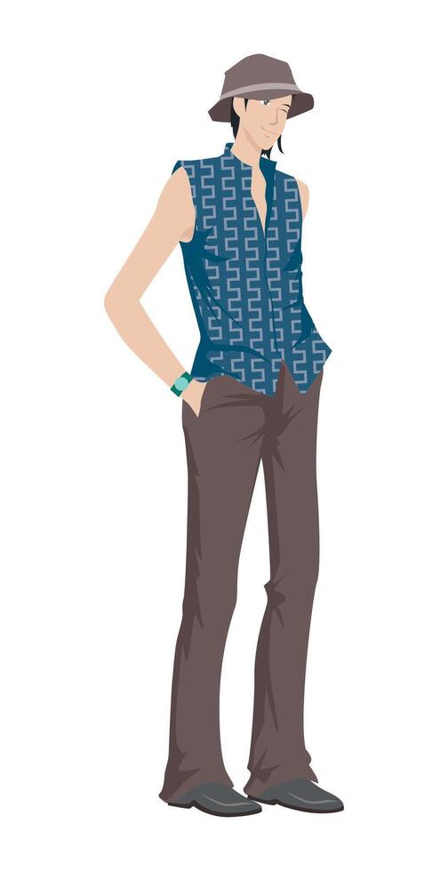 Fashion figure illustration, A smart actor is standing with a different poses and he has wearer a beautiful outfit like hat, sleeveless vest and pant. vector