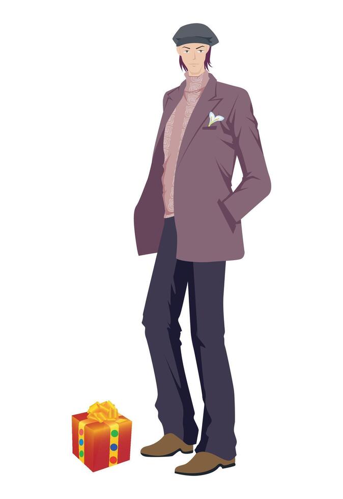 Fashion figure illustration, He dressed up winter fashionable outfit and there is a gift box on his front. vector