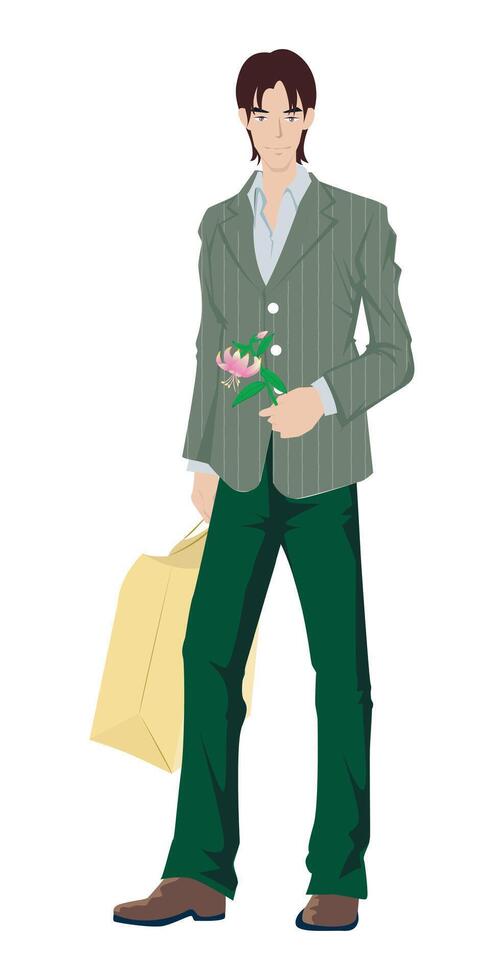 Fashion figure illustration. there are a flower and shopping bag on hand of a men. vector