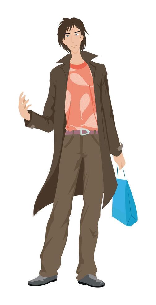Fashion figure illustration, A smart young men is standing with a blue shopping bag. vector