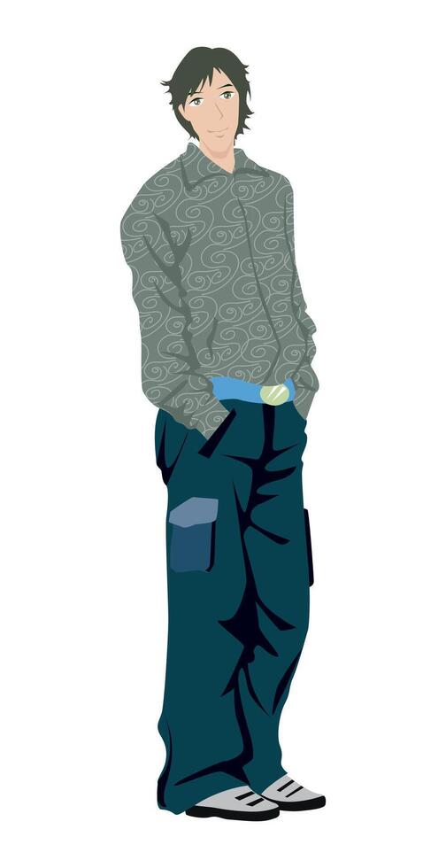 Fashion figure illustration, A men is standing with a different poses and he has wearer a beautiful and colorful outfit. vector