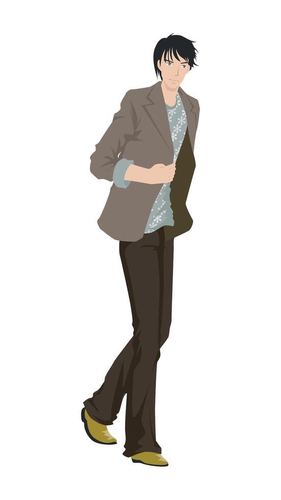 Fashion figure illustration, He is walking on the road and he dressed up trousers and fashionable jacket. vector