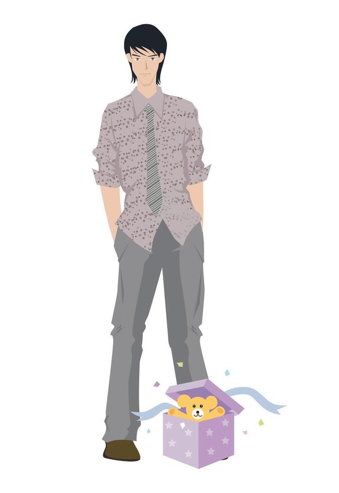 Fashion figure illustration, A smart guy is standing and thinking about something, He has wearer a Full sleeve formal shirt, tie and pant and shows. there a giftbox on his front and may be rat on it. vector