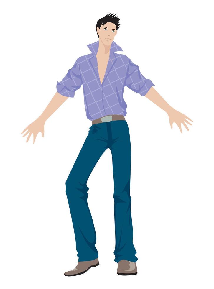 Fashion figure illustration, A young men is standing with a different poses and his Dreese are shirt and denim trousers and shows. vector