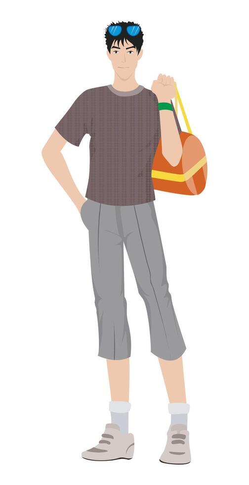 Fashion figure illustration, A beautiful young guy is standing with a shopping bag and he has wearer a sun glass, t-shirt and three quarter pant. vector