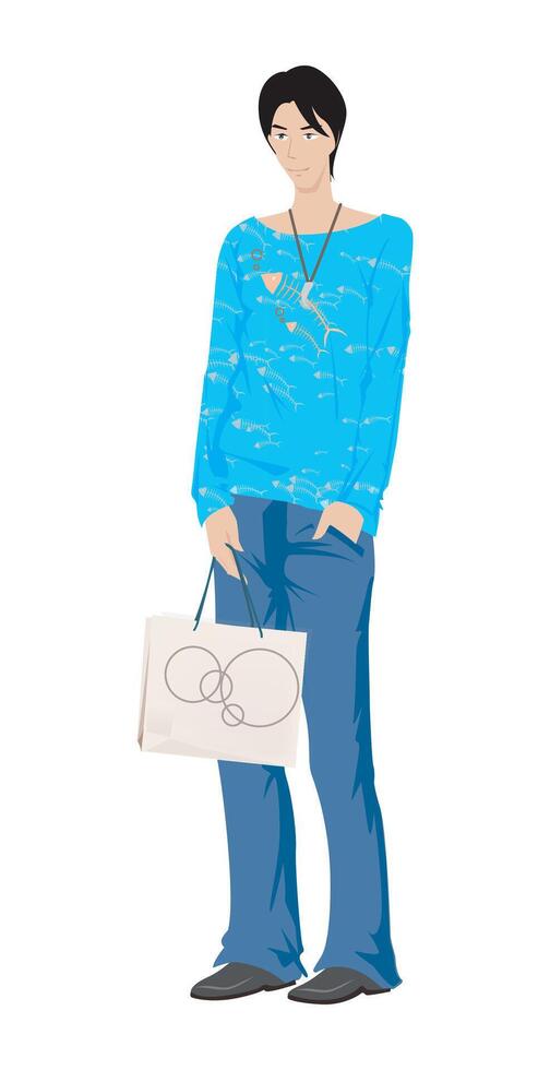 Fashion figure illustration, A smart boy is standing with a shopping bag and he has wearer a full sleeve printed t-shirt, trousers and shows. vector
