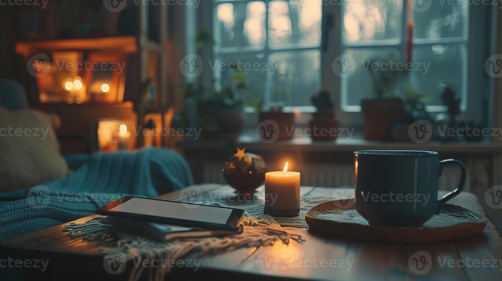 Cozy Morning Vibes Cinematic Documentary Style Close-up of E-Reader on Bedside Table in Winter Bedroom with Soft Decor, Perfect for Editorial Mockup Template photo