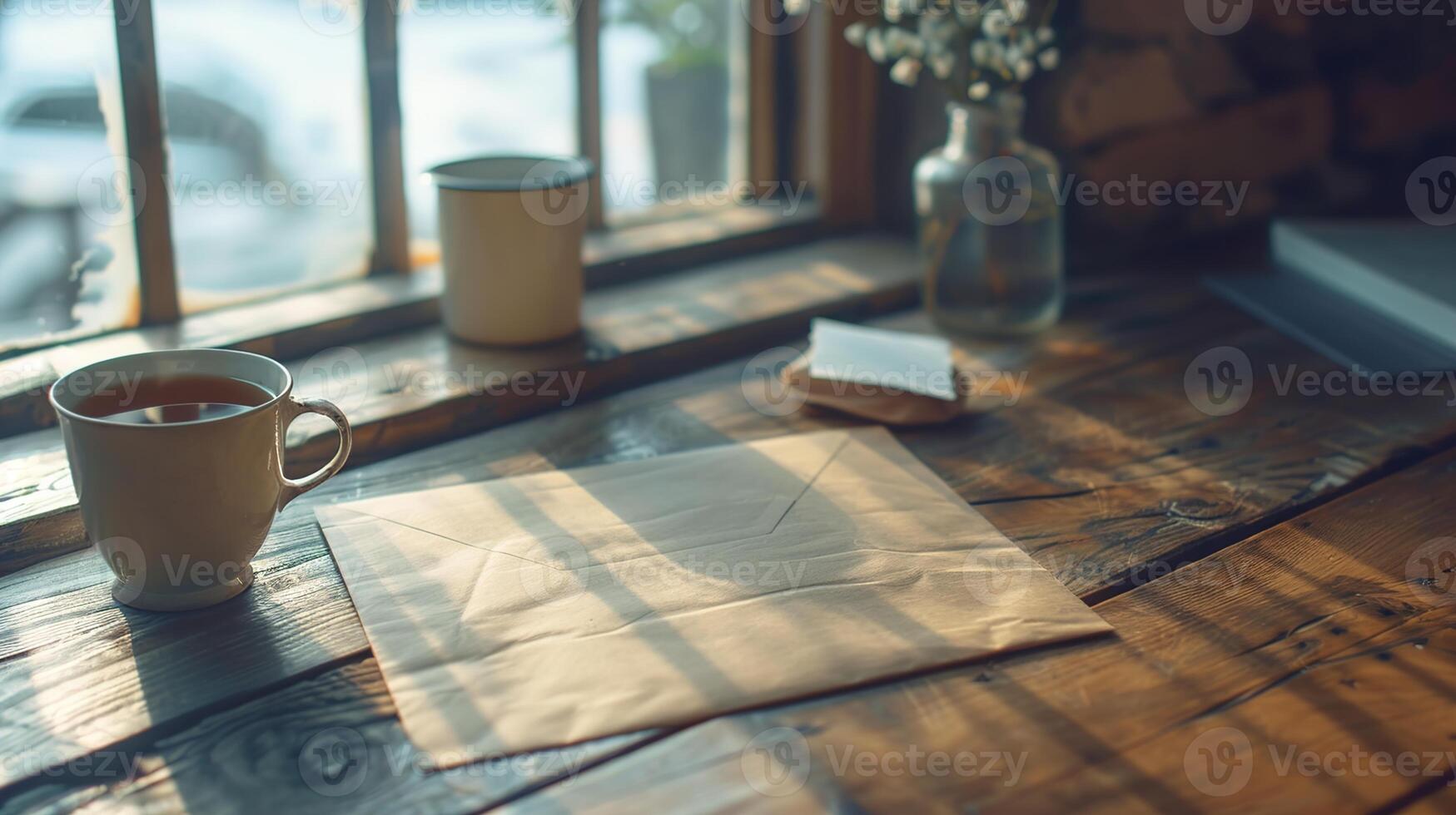 Home Office Winter Morning Cinematic Documentary Close-Up of Envelope on Wooden Table in Soft Light photo
